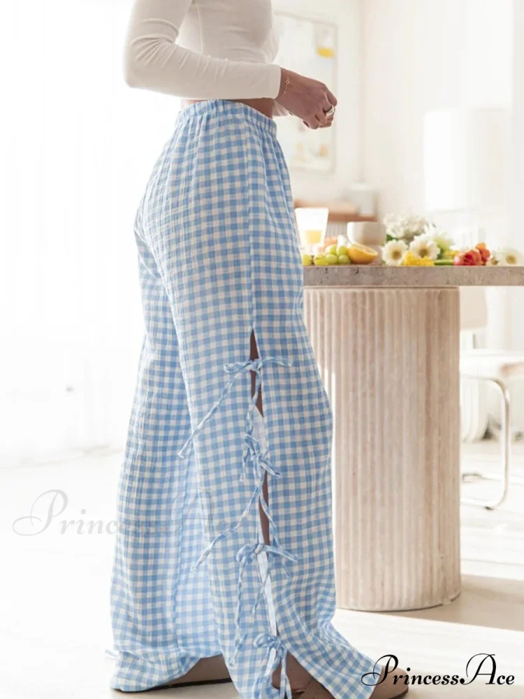 Fasten-Up Plaid Stripe Baggy Polyester Wide Leg Pant - Image 5