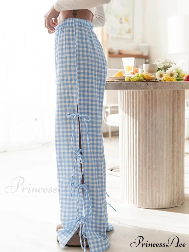 Fasten-Up Plaid Stripe Baggy Polyester Wide Leg Pant - Image 6