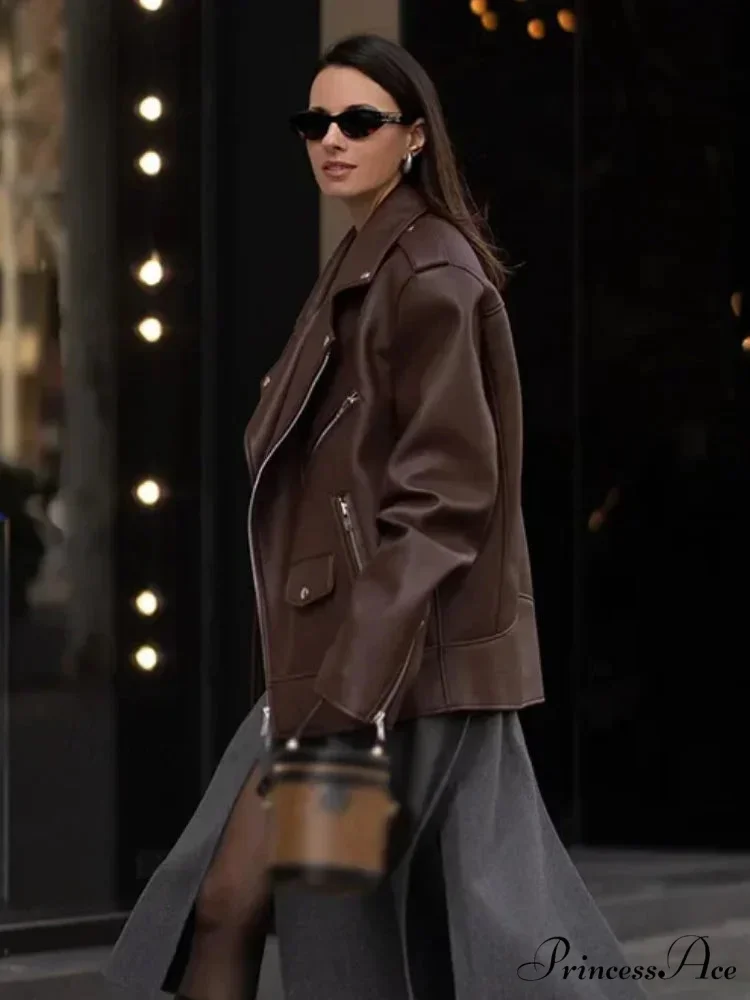 Fastener Lapel Leather Coat - Image 2