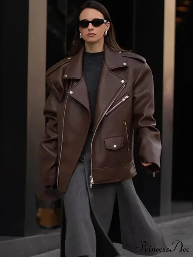 Fastener Lapel Leather Coat - Image 3