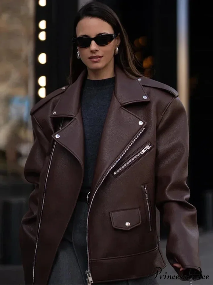 Fastener Lapel Leather Coat - Image 4
