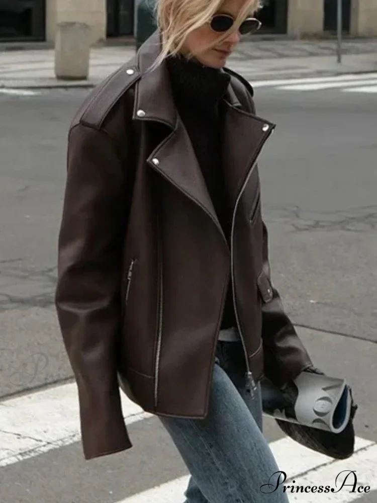 Fastener Lapel Leather Coat - Image 6