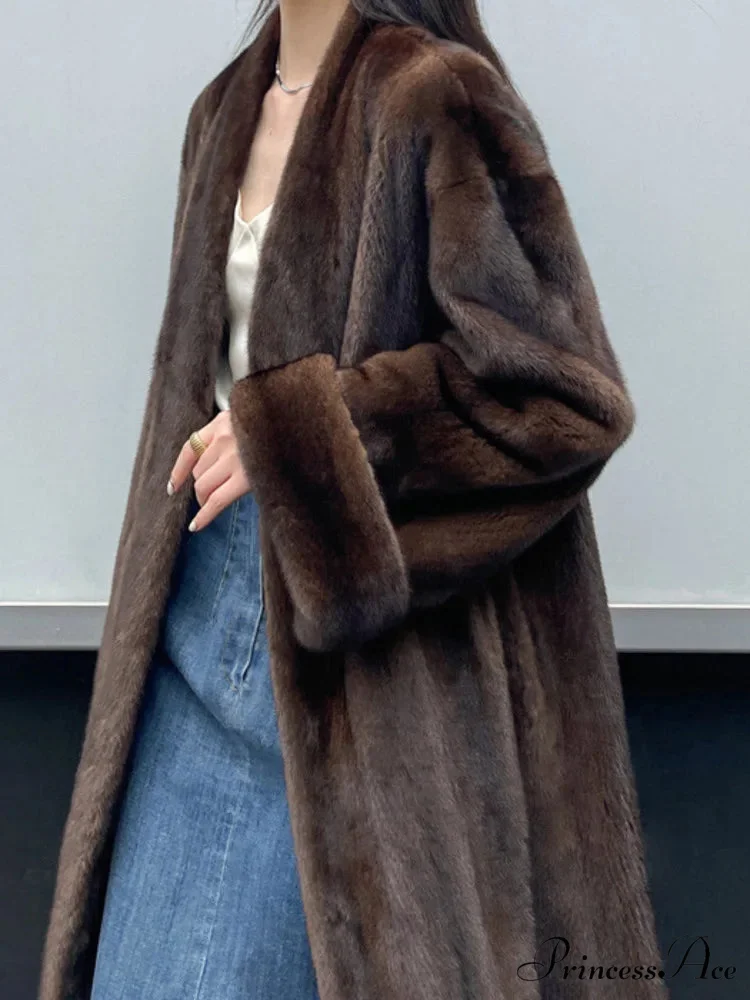 Faux Mink Collar Long Sleeve Overcoat - Image 3
