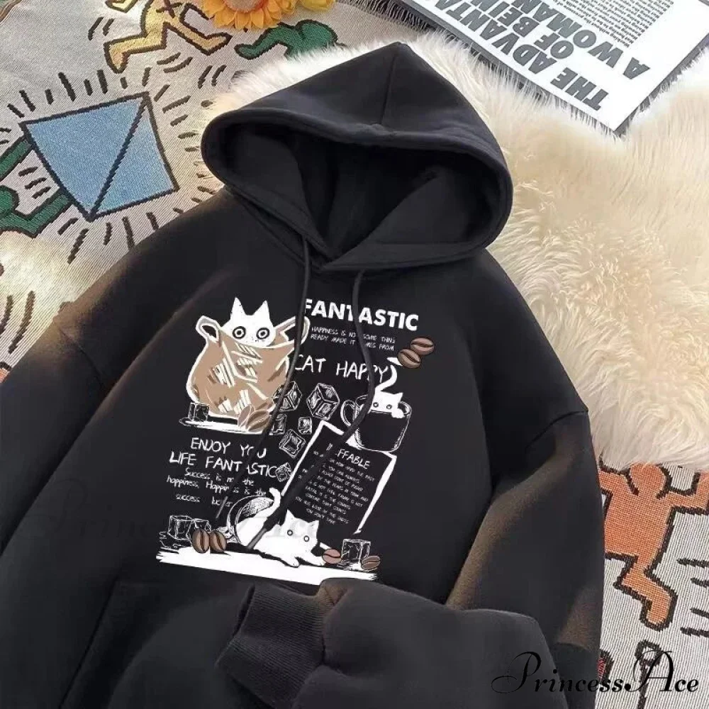 Feline Cartoon Printed Pullover Hoodie - Image 2
