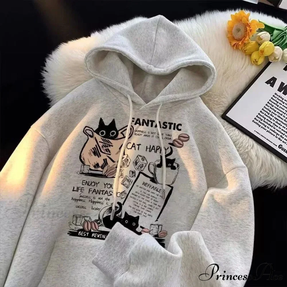 Feline Cartoon Printed Pullover Hoodie - Image 3