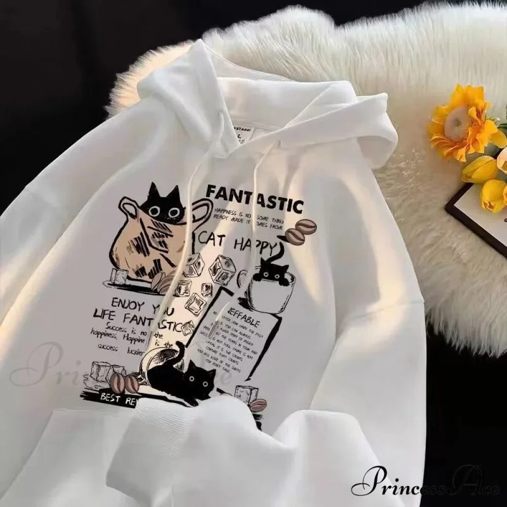 Feline Cartoon Printed Pullover Hoodie - Image 4