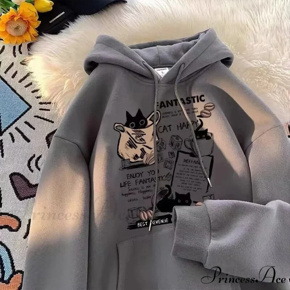 Feline Cartoon Printed Pullover Hoodie - Image 5