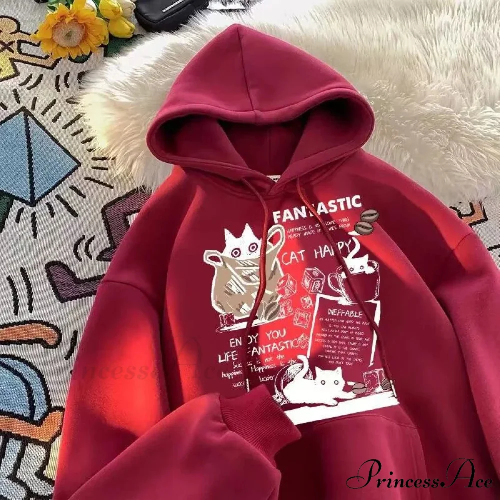 Feline Cartoon Printed Pullover Hoodie - Image 6