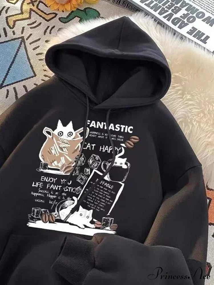 Feline Cartoon Printed Pullover Hoodie - Image 7