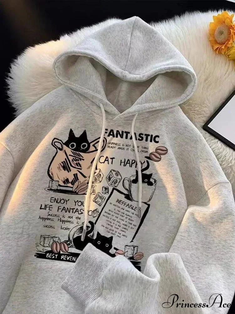 Feline Cartoon Printed Pullover Hoodie - Image 8