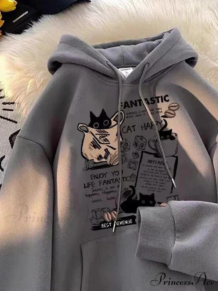 Feline Cartoon Printed Pullover Hoodie - Image 9