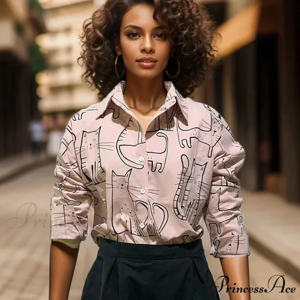 Feline Pattern Extended Sleeve Retro Informal Blouse - Image 2