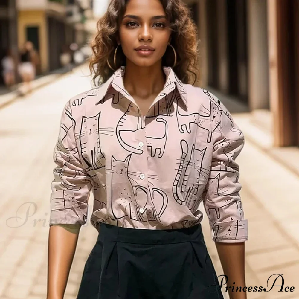 Feline Pattern Extended Sleeve Retro Informal Blouse - Image 3