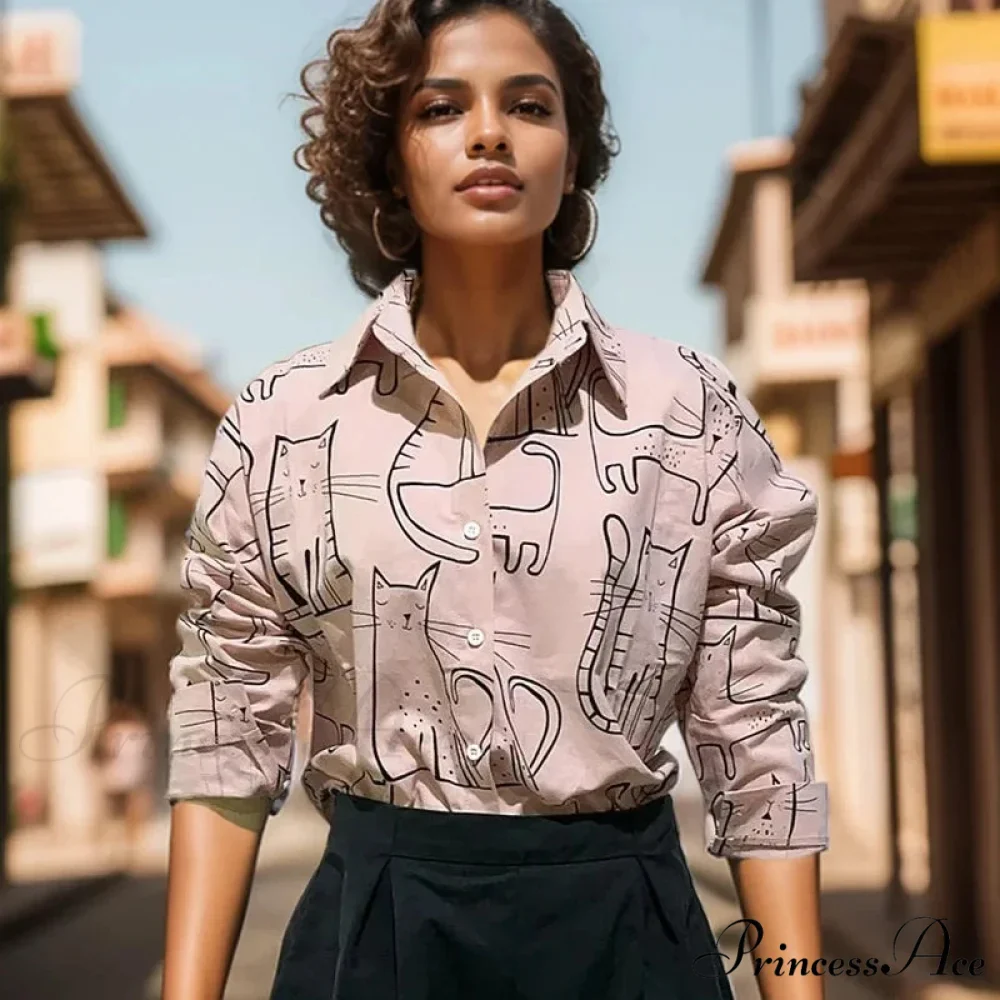 Feline Pattern Extended Sleeve Retro Informal Blouse - Image 4
