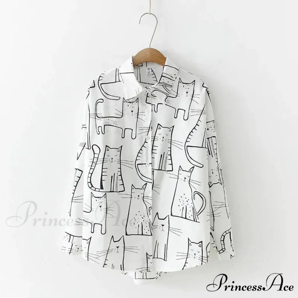 Feline Pattern Extended Sleeve Retro Informal Blouse - Image 5