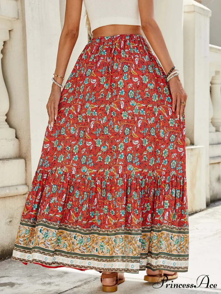 Females Boho Long Skirts Button Up Flowered A-line Hippie Stylish - Image 3