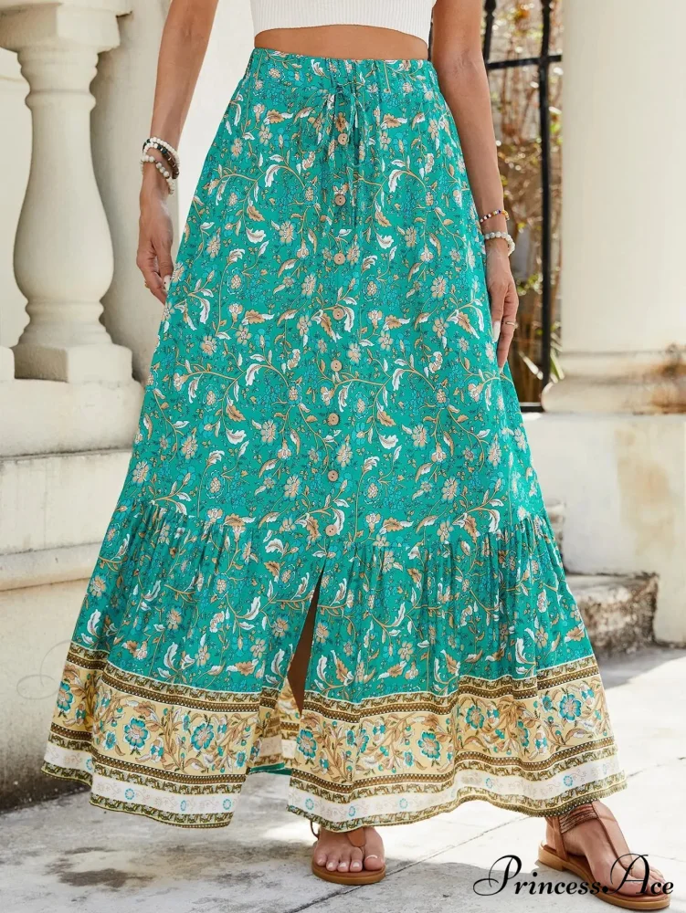 Females Boho Long Skirts Button Up Flowered A-line Hippie Stylish - Image 4
