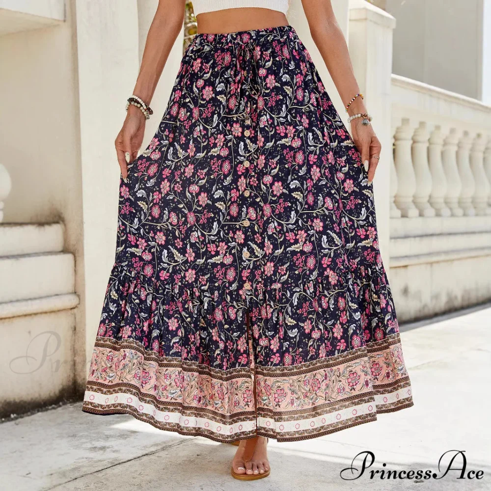 Females Boho Long Skirts Button Up Flowered A-line Hippie Stylish - Image 6