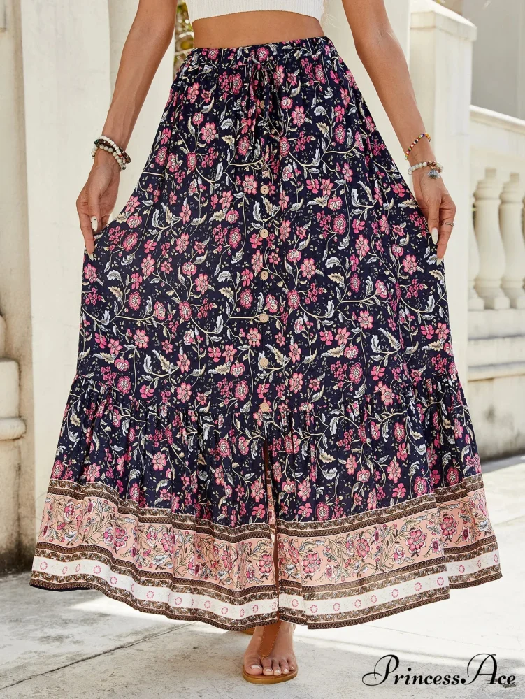 Females Boho Long Skirts Button Up Flowered A-line Hippie Stylish - Image 7
