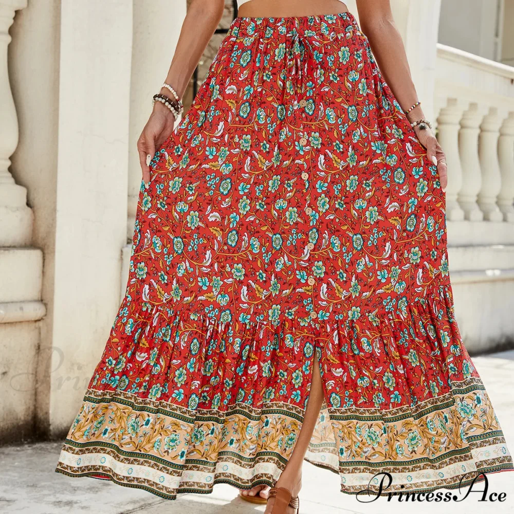 Females Boho Long Skirts Button Up Flowered A-line Hippie Stylish - Image 8