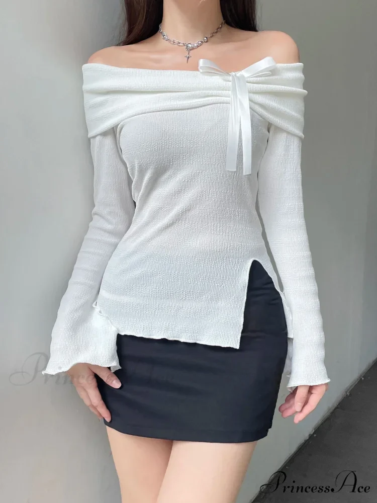 Firm Bow Divided Cut Neck Slim Flare Sleeve Extended Sleeve Knit Top - Image 2