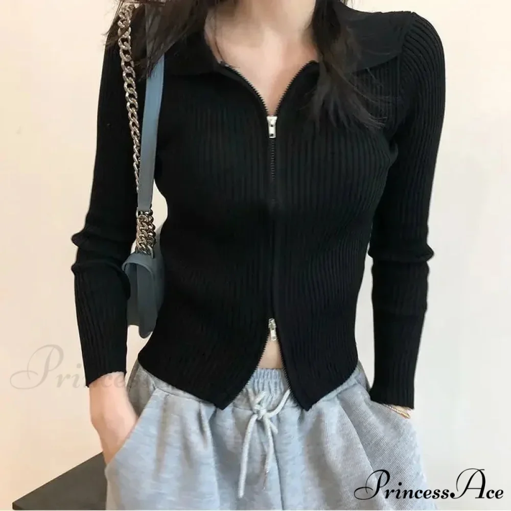 Fitted Polo Collar Dual-Zip Knitted Cardigan - Image 2