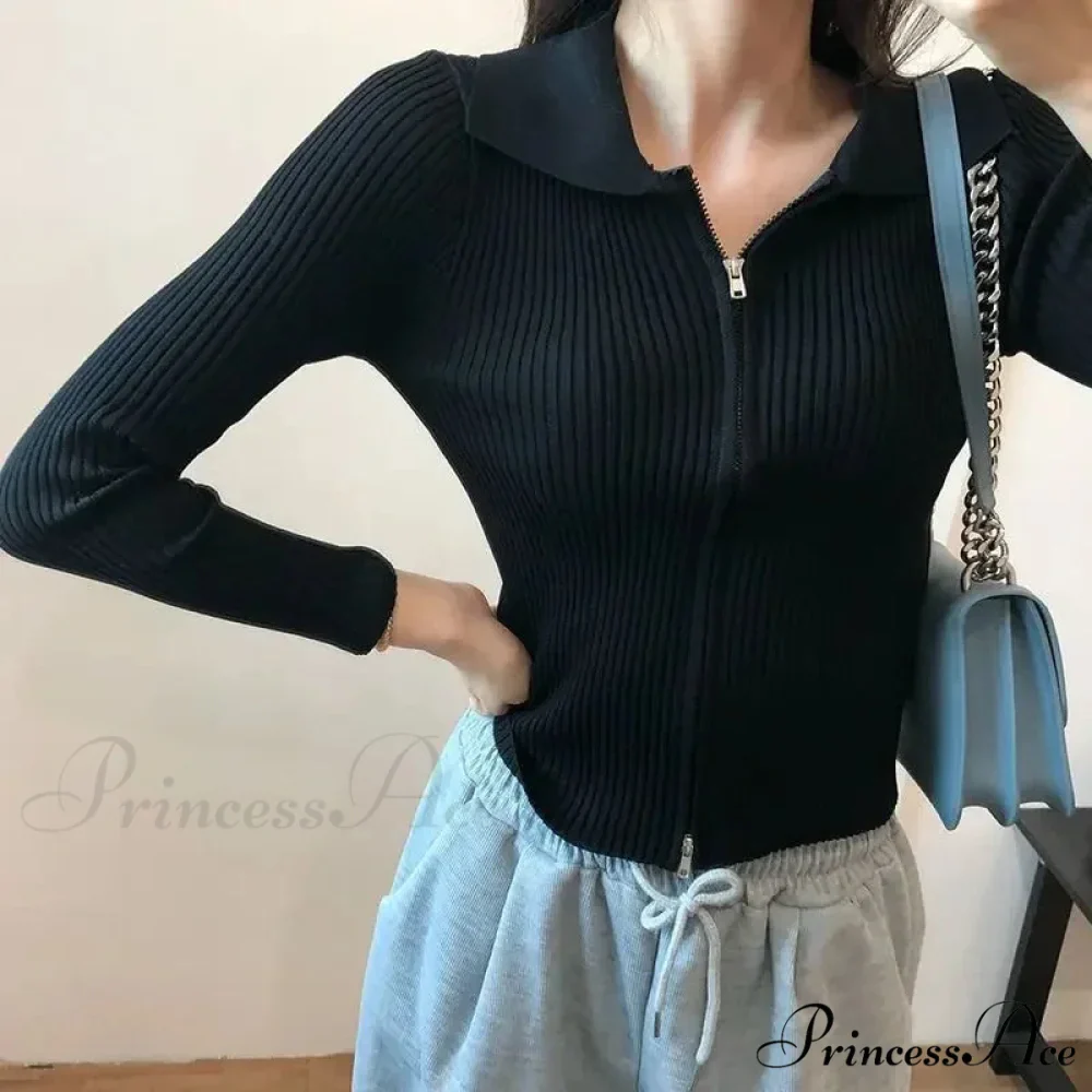 Fitted Polo Collar Dual-Zip Knitted Cardigan - Image 4