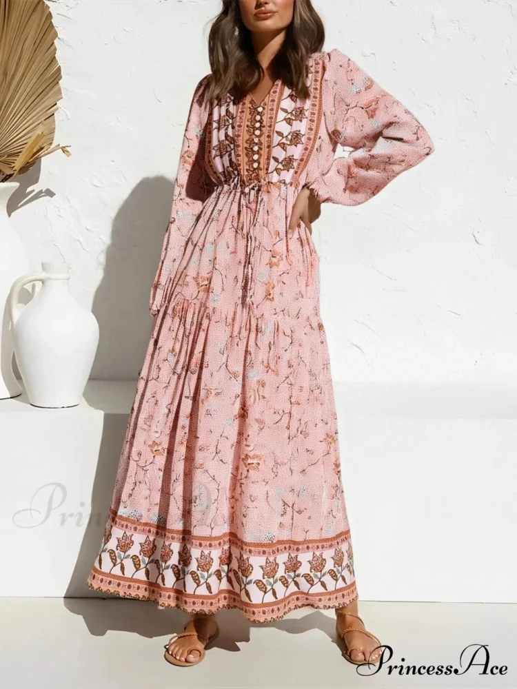 Flame Sleeve Violet Floral Plunging Neckline Long Bohemian Dress - Image 2