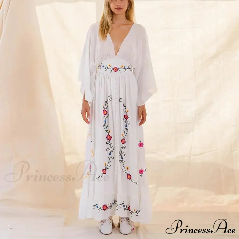 Flare Extended Sleeve Low-cut Cotton Dress - Image 2