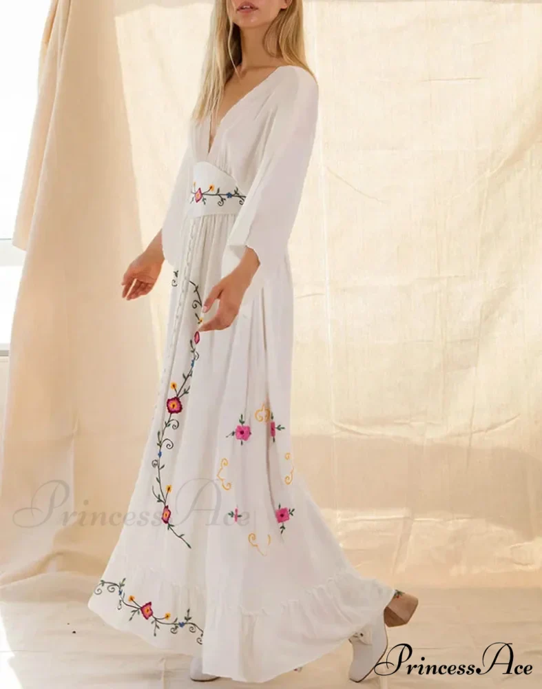 Flare Extended Sleeve Low-cut Cotton Dress - Image 3