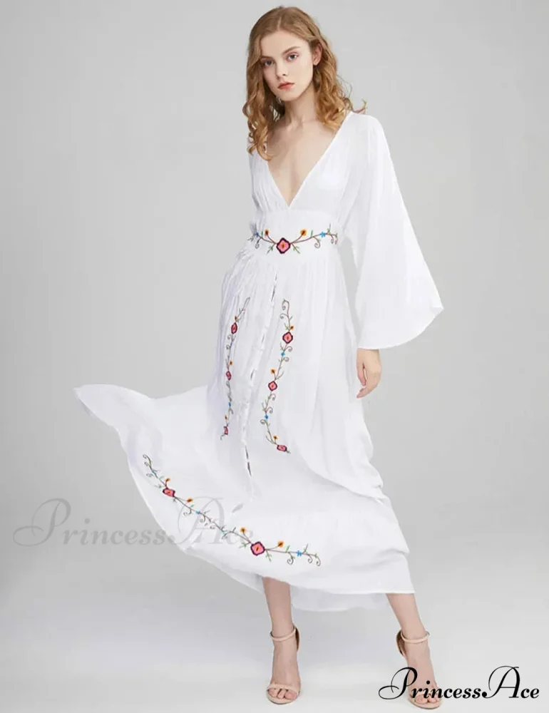 Flare Extended Sleeve Low-cut Cotton Dress - Image 4