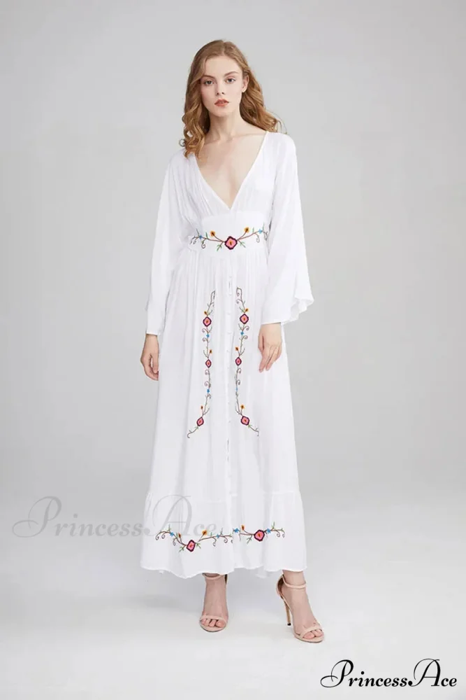 Flare Extended Sleeve Low-cut Cotton Dress - Image 7