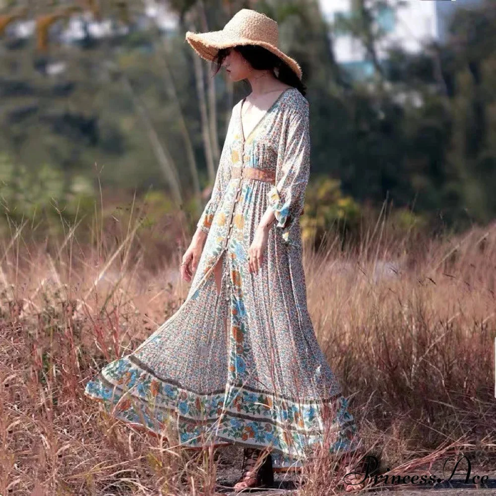 Flare Sleeve Button Down Printing Stylish Bohemian Dress - Image 2