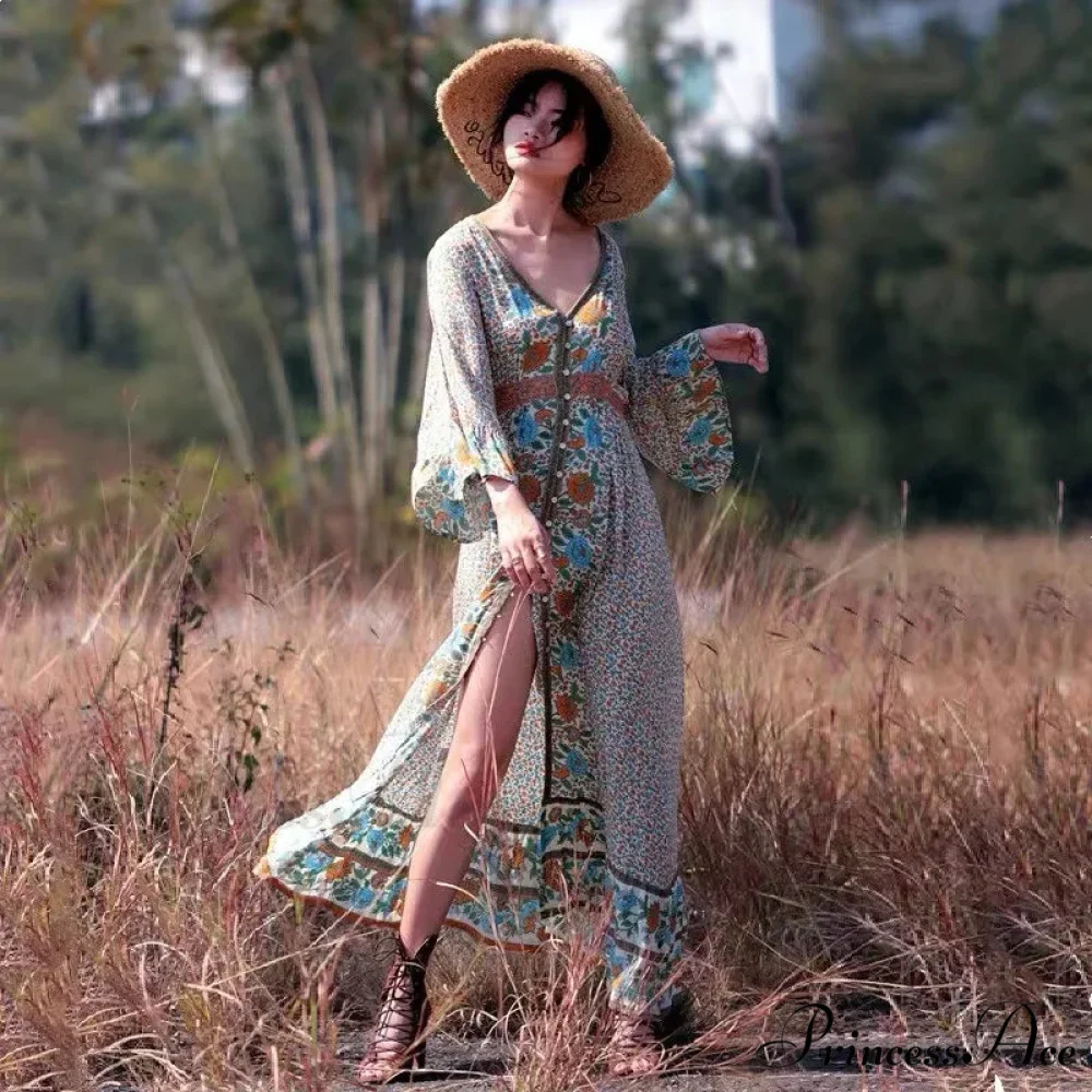 Flare Sleeve Button Down Printing Stylish Bohemian Dress - Image 3
