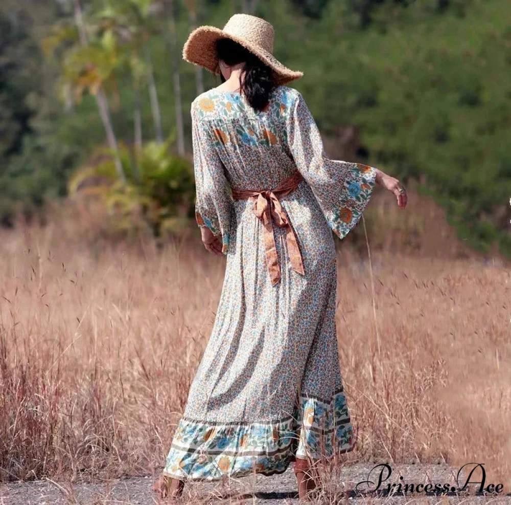Flare Sleeve Button Down Printing Stylish Bohemian Dress - Image 4
