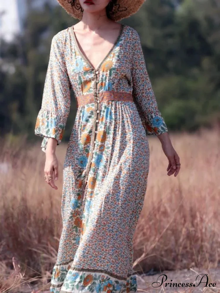 Flare Sleeve Button Down Printing Stylish Bohemian Dress - Image 5