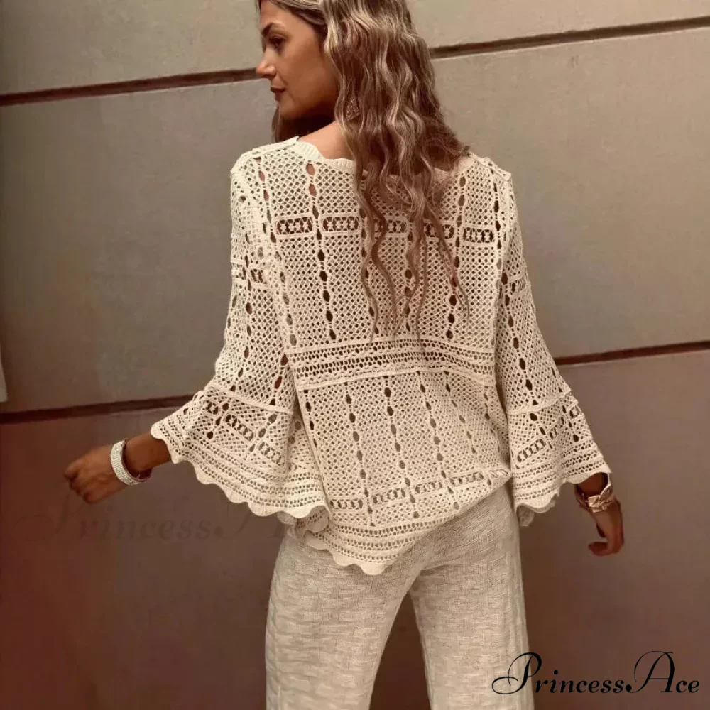 Flare Sleeve Crocheted Knitted Roomy Cotton Boho Blouse - Image 2