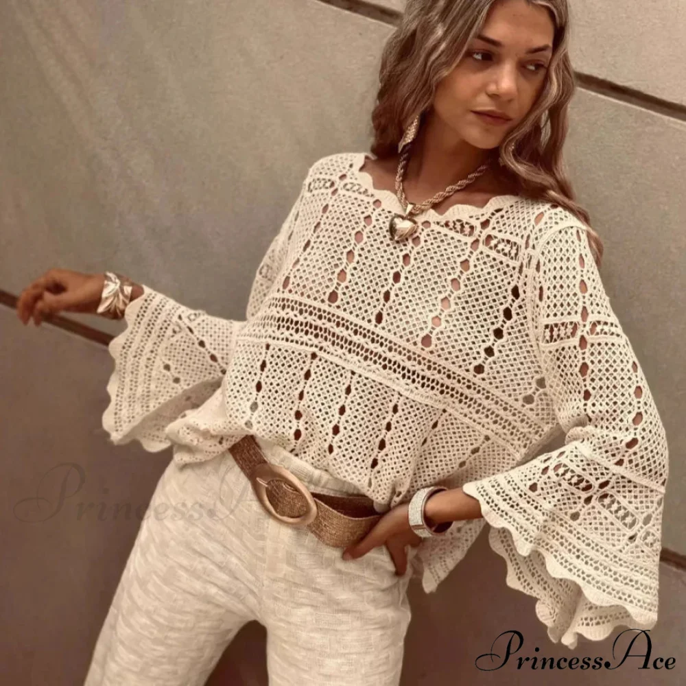 Flare Sleeve Crocheted Knitted Roomy Cotton Boho Blouse - Image 3