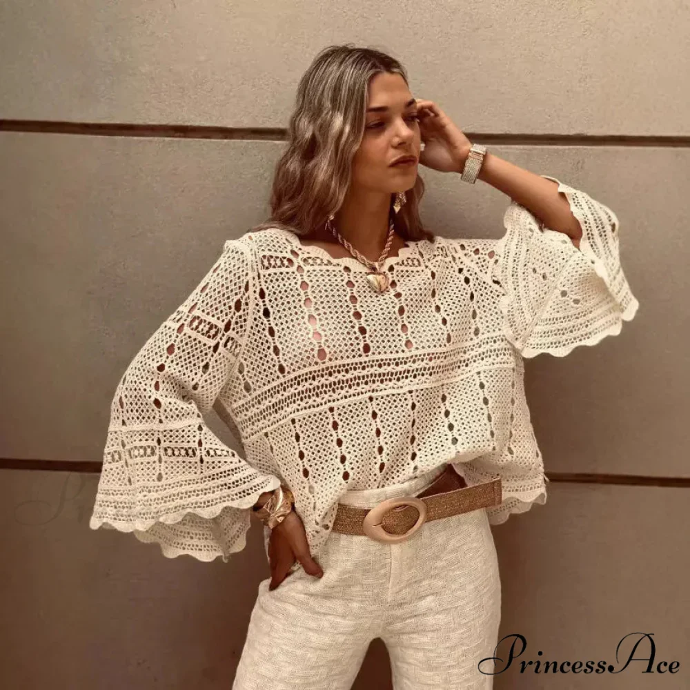 Flare Sleeve Crocheted Knitted Roomy Cotton Boho Blouse - Image 4