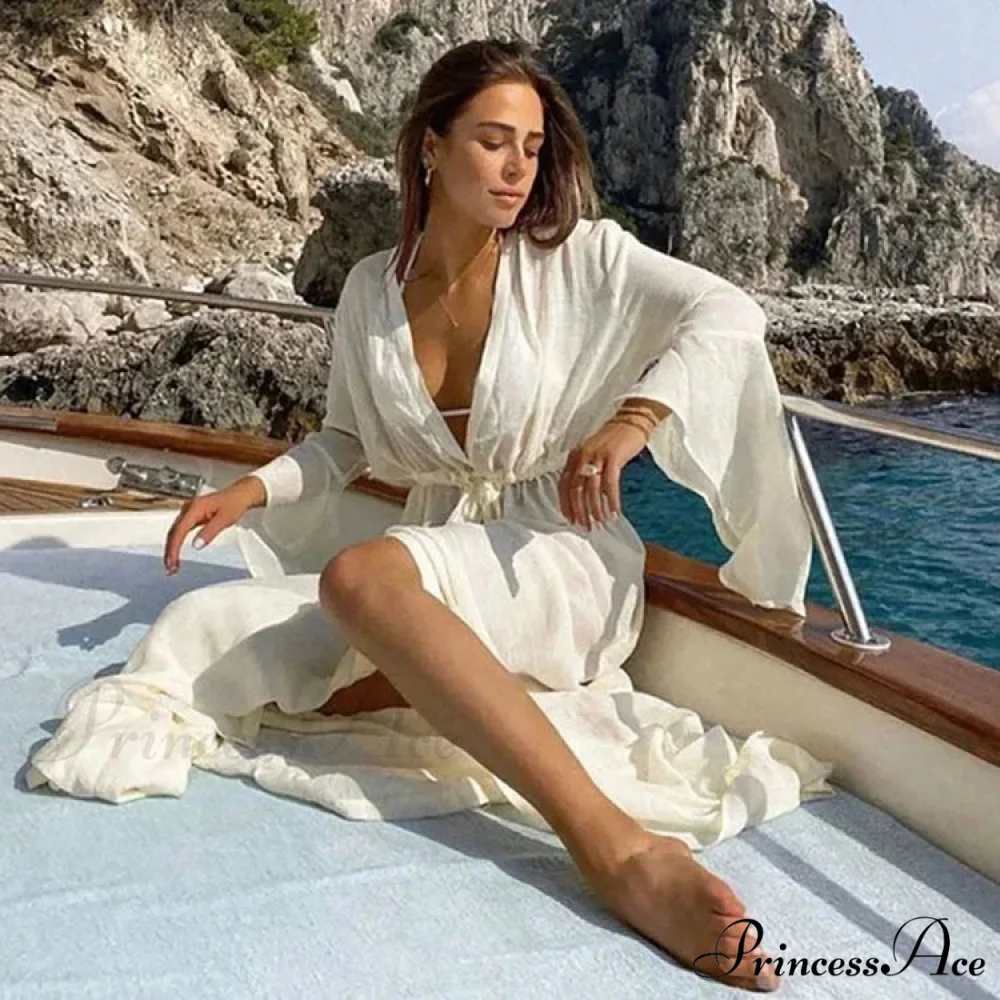 Flare Sleeve Ivory Plunging Neckline Boho Bikini Cover up - Image 2