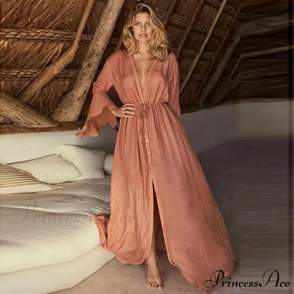 Flare Sleeve Ivory Plunging Neckline Boho Bikini Cover up - Image 3