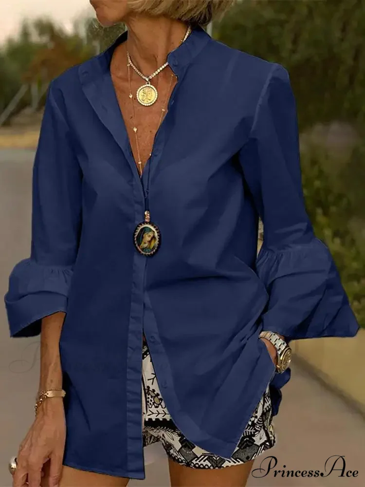 Flare Sleeve Monochromatic V Neck Blouse - Image 2