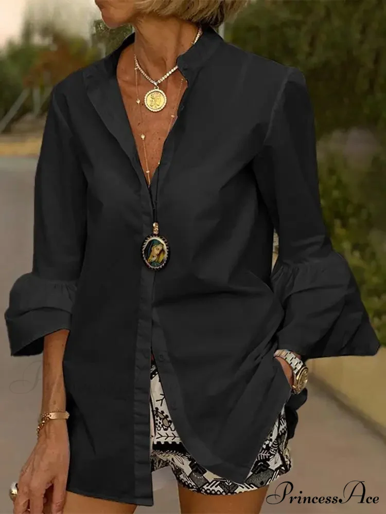 Flare Sleeve Monochromatic V Neck Blouse - Image 3