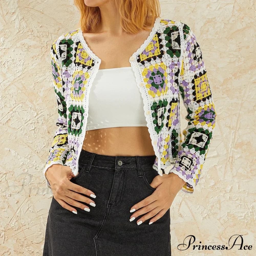 Floral Button-Up Boho Long Sleeve Knitted Cardigan - Image 2