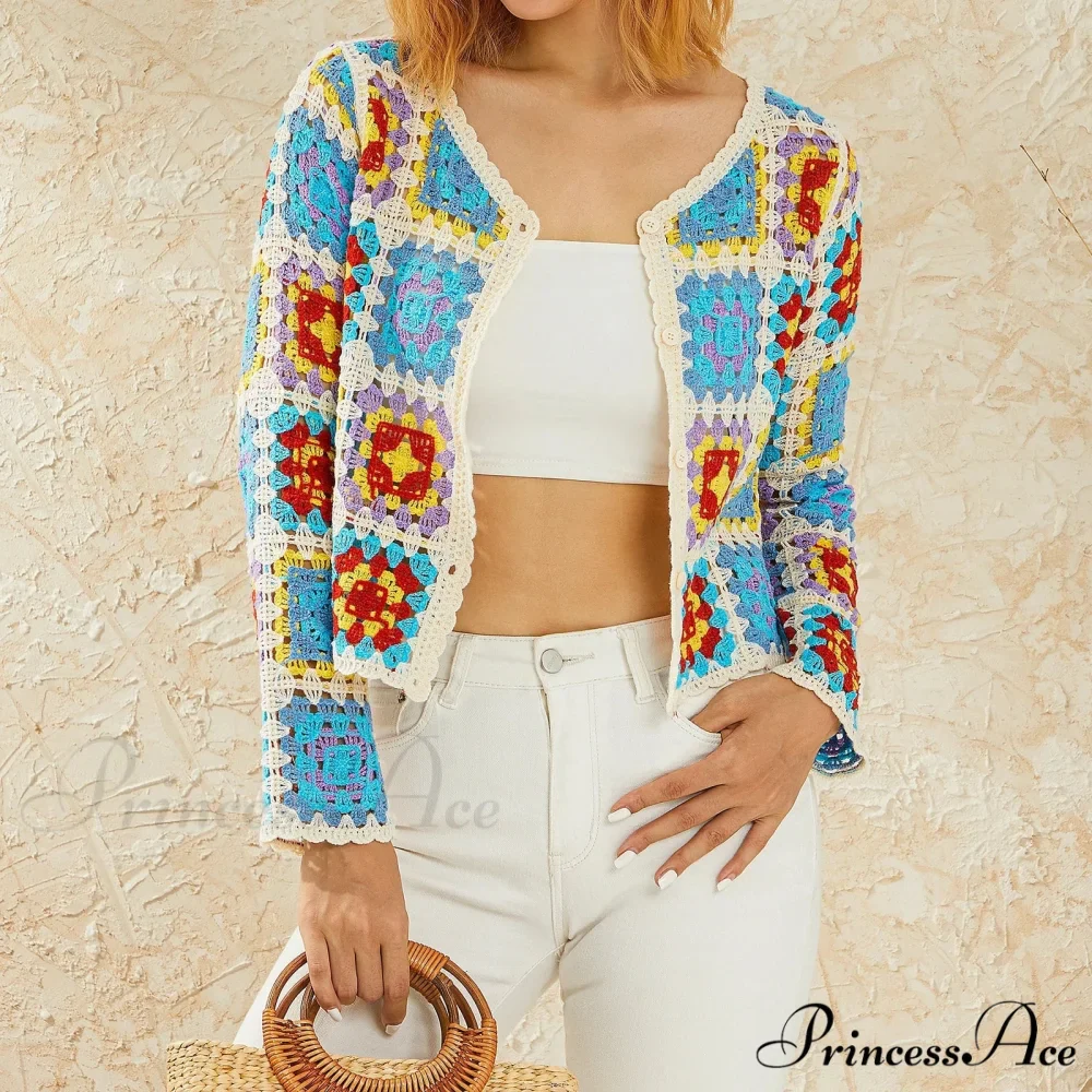 Floral Button-Up Boho Long Sleeve Knitted Cardigan - Image 3