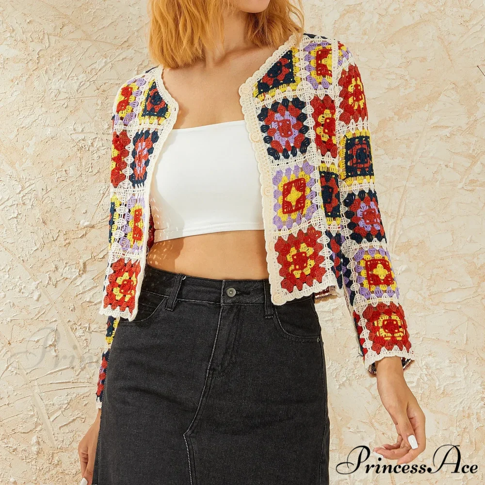 Floral Button-Up Boho Long Sleeve Knitted Cardigan - Image 4