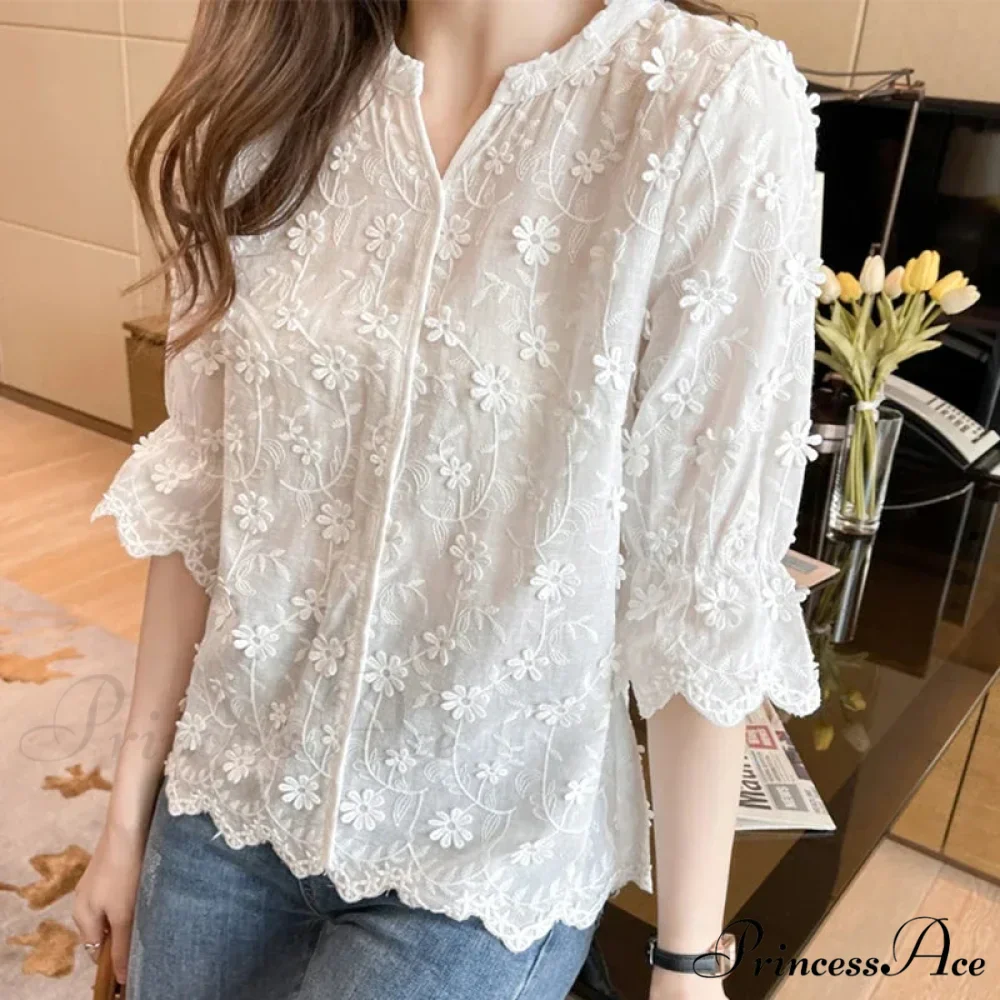 Floral Embroidered Short Sleeve Ivory Top - Image 2