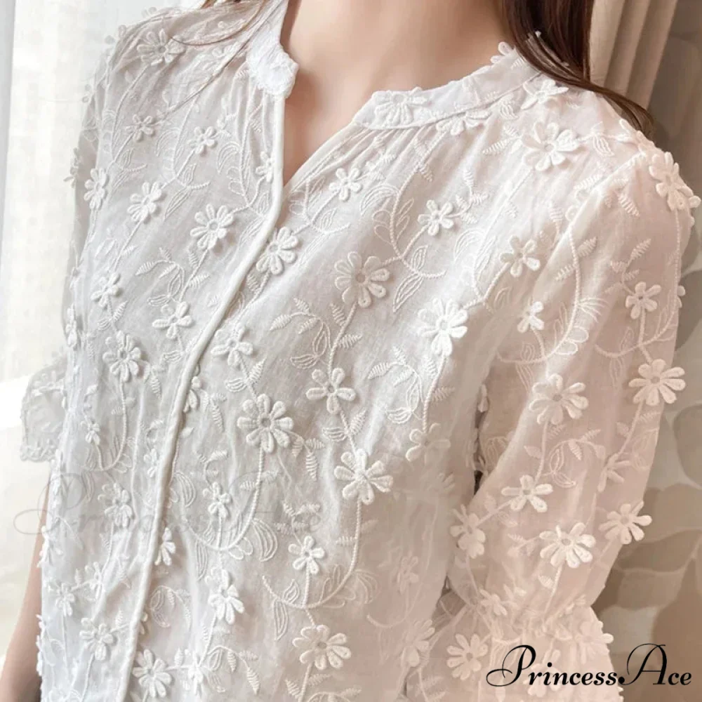 Floral Embroidered Short Sleeve Ivory Top - Image 4
