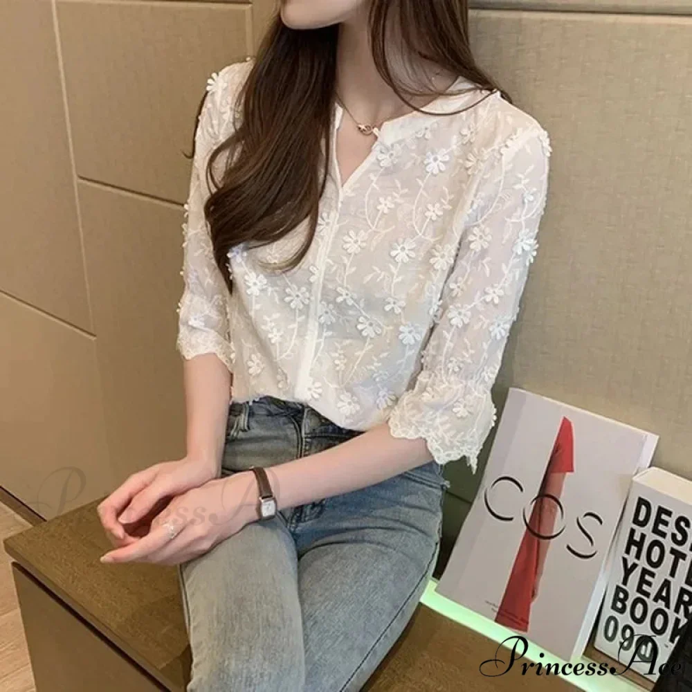 Floral Embroidered Short Sleeve Ivory Top - Image 6