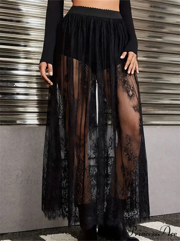 Floral Extended Maxi Skirt Solid Mesh Integrated Shorts Skirt - Image 3